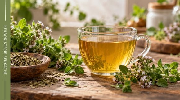 Infusion d’origan et diarrhée  tasse de tisane dorée entourée de feuilles et de fleurs d’origan fraîches et séchées, plante traditionnellement utilisée pour le confort intestinal - Herboristerie Sensathé